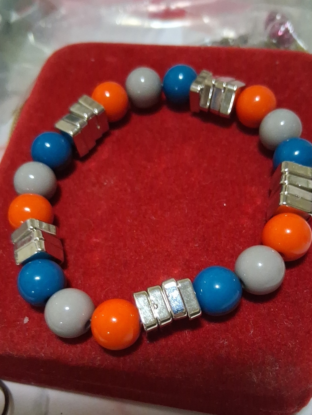 Source Unknown Blue, Orange & Gray Beaded Stretch Bracelet